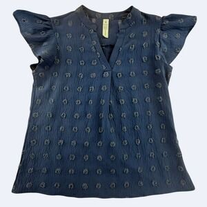B. Young Teal Blue Swiss Dot Flutter Sleeve Split V-Neck Blouse Dark Academia L